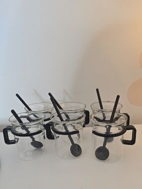 Set of 6 Vintage Bodum Bistro Clear Glass Mugs with Black Handles and Spoons